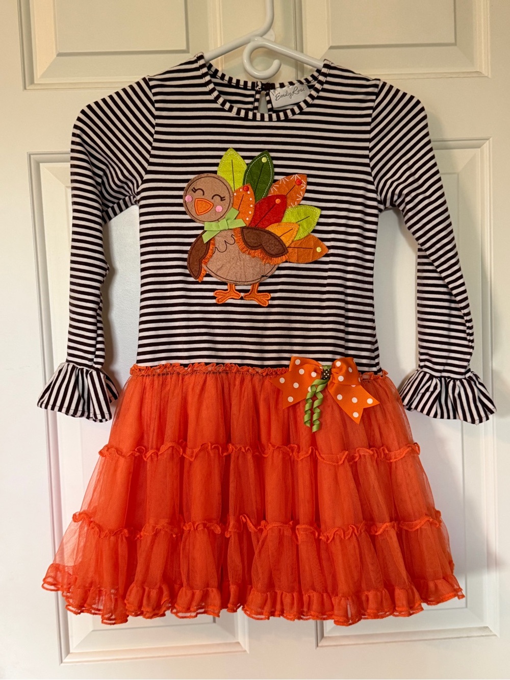 Emily Rose Brown & White Striped Turkey Dress with Orange Tulle